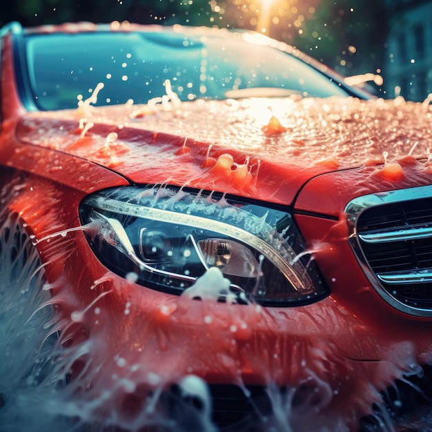 Lavage manuel d'une voiture moderne neuve avec de l'eau sous pression dans un lavage de voiture en plein air IA générative