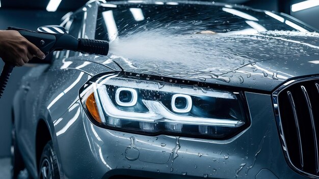 Photo lavage des phares de voiture lavage de la carrosserie du véhicule moderne par lavage à jet à haute pression tuyau d'eau tête de verre automatique