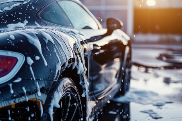 Lavage professionnel de voitures voiture de sport noire avec shampooing en gros plan