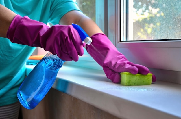 Lavage des vitres. Des mains féminines dans des gants tiennent un vaporisateur avec un nettoyant pour vitres et une éponge.