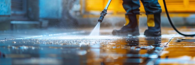 Lavage de voiture à l'eau à haute pression au coucher du soleil