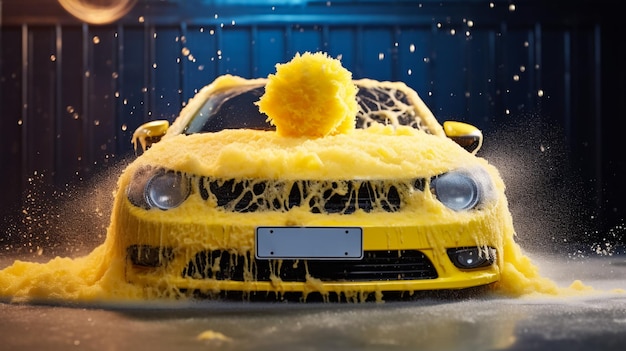 Photo lavage de voitures nettoyage de voitures avec de la mousse bleue à l'aide d'eau à haute pression focus sélectif