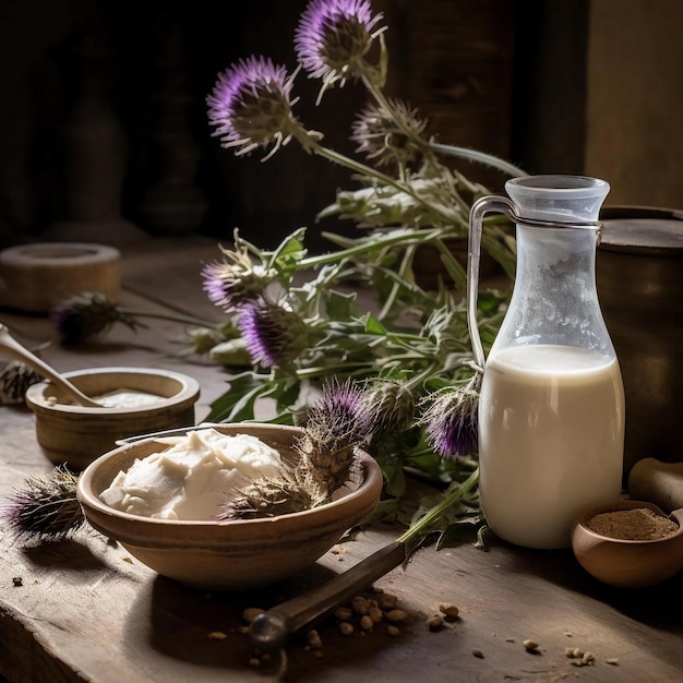 la lavande et la bouteille de lait sur la table publicité photo shooting