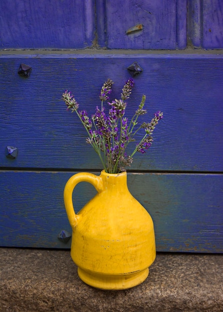 Photo lavande dans un kouvinum jaune sur fond de porte violette minable