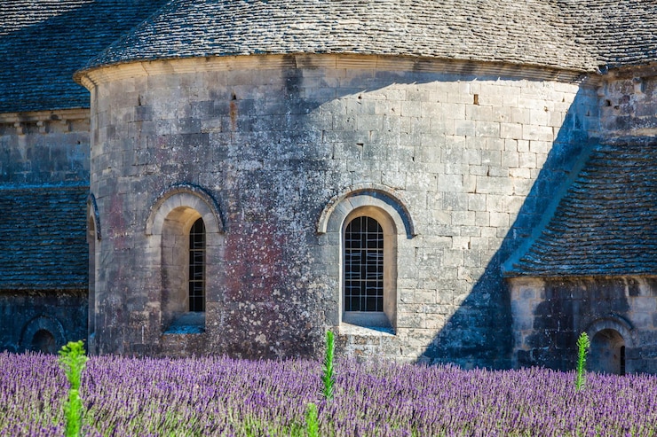 Photo lavande devant l'abbaye de senanque en provence