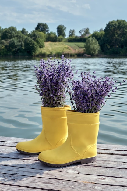 Lavande pourpre dans des bottes en caoutchouc jaunes sur une jetée près d'une rivière