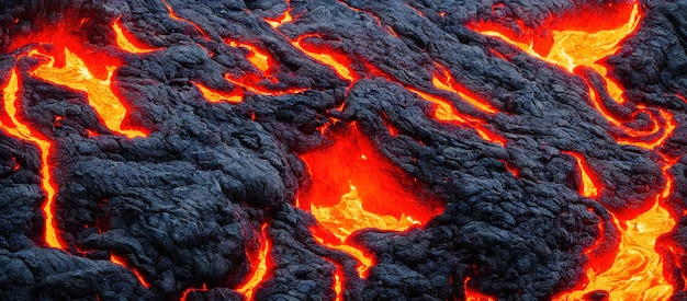 Lave ardente chaude coulant sur le basalte, roche volcanique sombre, rendu 3d