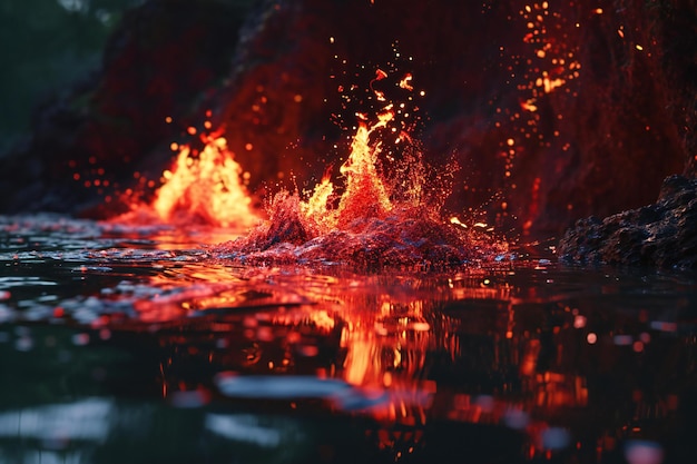 Photo la lave brûlante dans la rivière feu et fumée sur l'eau