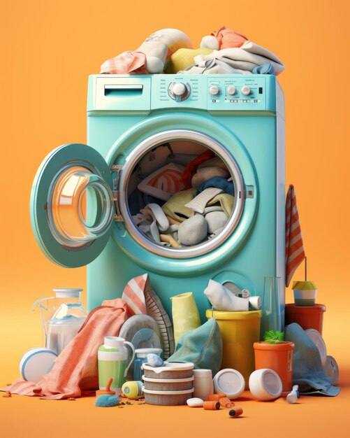 lave-linge avec linge et produits d'entretien