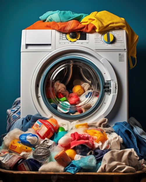 Photo lave-linge avec linge et produits d'entretien