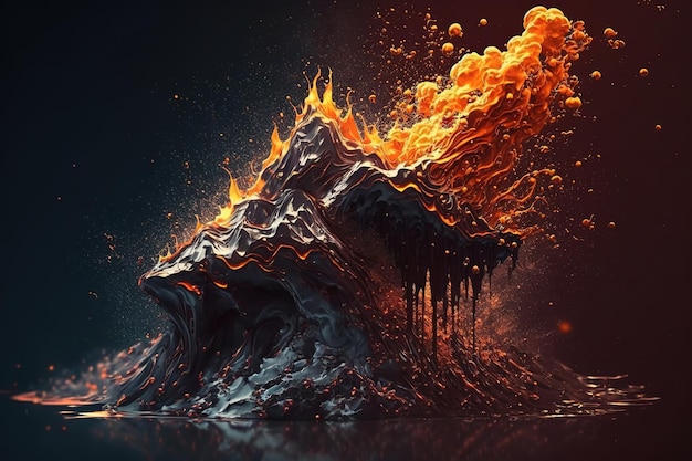 La lave liquide éclabousse de feu et laisse tomber des vagues de magma en fusion sur un fond sombreIA générative