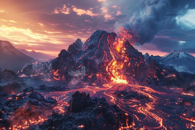 Photo la lave s'écoulant dans l'océan avec un coucher de soleil rose