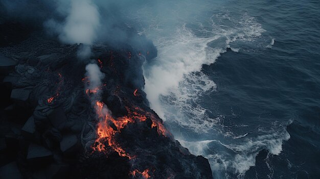 Photo la lave s'écoule dans l'océan.