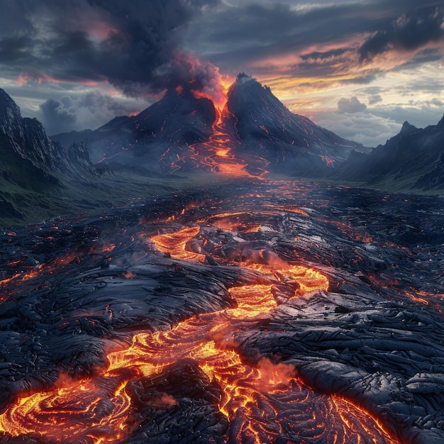 La lave s'écoule sur un flanc de montagne lors d'une éruption volcanique