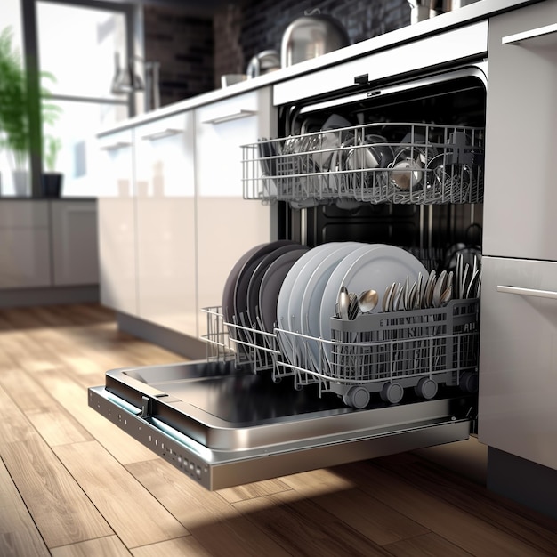 Lave-vaisselle ouvert vide dans la cuisine look parfait ultra HD Generative ai