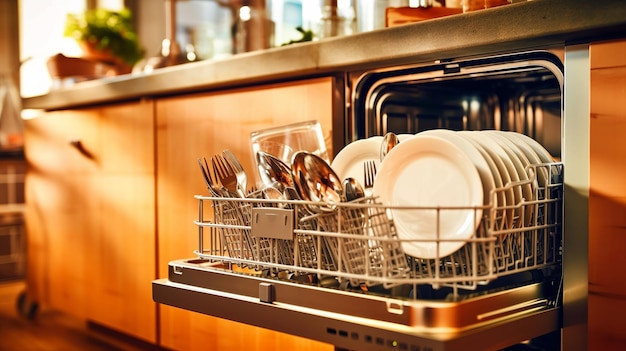 Lave-vaisselle ouvert vide dans la cuisine look parfait ultra HD Generative ai