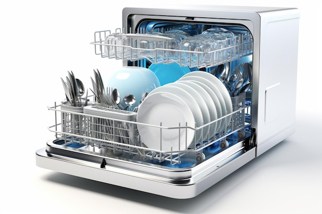 lave-vaisselle avec des plats propres sur un fond blanc rendu 3D