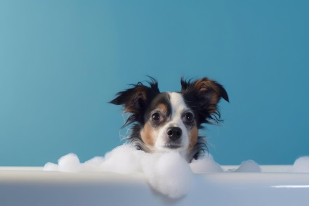 Laver un animal de compagnie Chien mignon dans un bain sur fond bleu AI générative