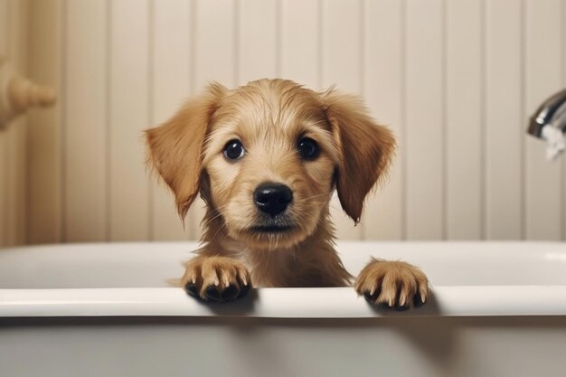 Laver un animal de compagnie Chien mignon dans un bain avec de la mousse de shampooing AI générative