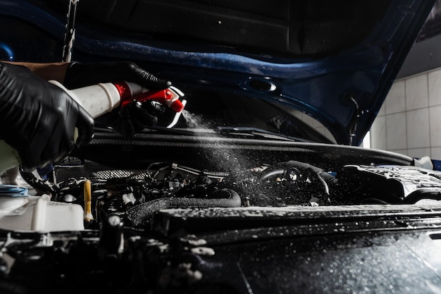 Laver le moteur de la voiture avec un spray et un détergent dans le service automobile détaillant Détailler le moteur de nettoyage de la poussière et de la saleté Pulvériser du détergent sur le moteur de la voiture