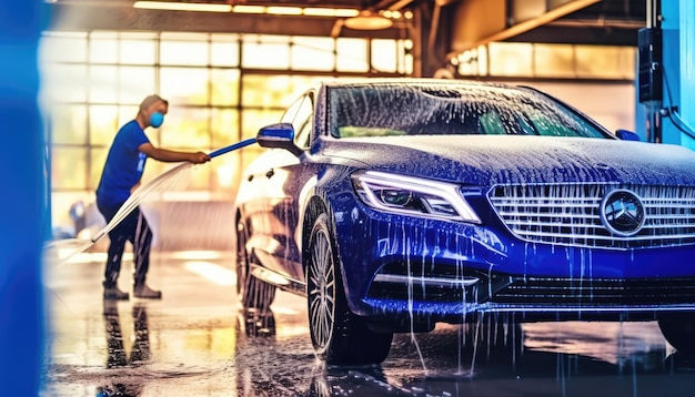 Une laveuse professionnelle en uniforme bleu lave une voiture de luxe avec un pistolet à eau dans un lavage en plein air.