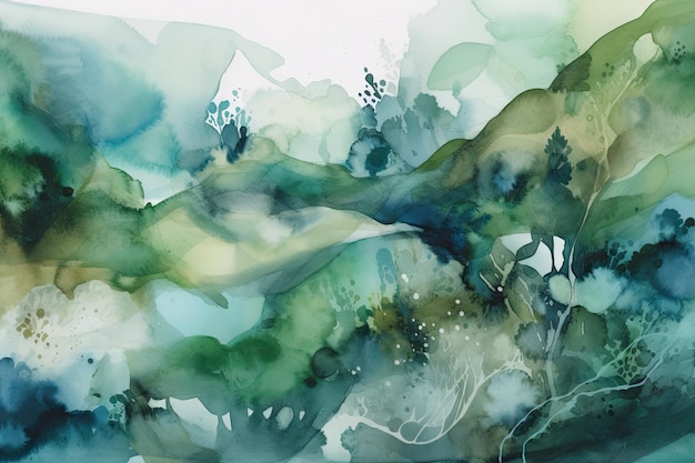 Lavis abstraits à l'aquarelle dans les tons de vert et de bleu avec des formes et des textures organiques