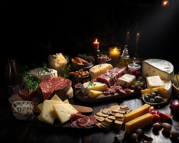 Layout d'épicerie sur une table en bois dans des tons bruns chauds, des délices au fromage avec des illustrations de fruits et de vins générés avec l'IA