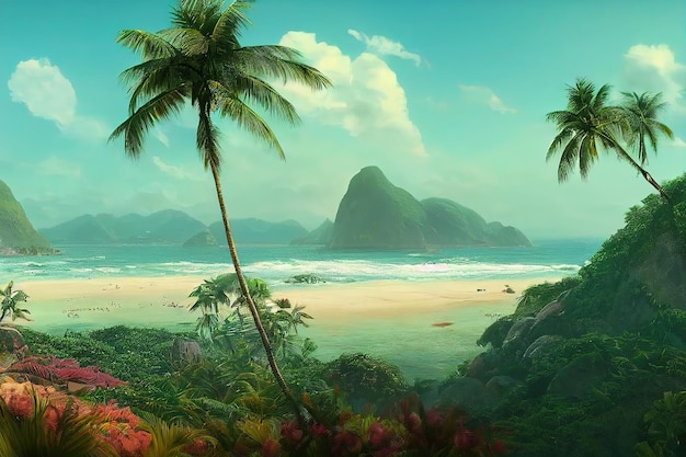 Île dans l'océan avec une plage de palmiers et de rochers dans la mer sous un ciel nuageux illustration 3d