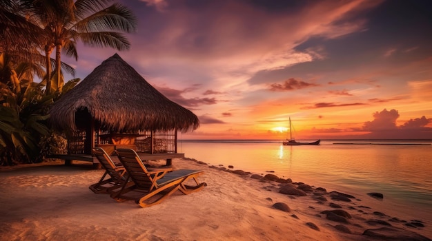 Île déserte tropicale avec une cabane sur la plage au coucher du soleil