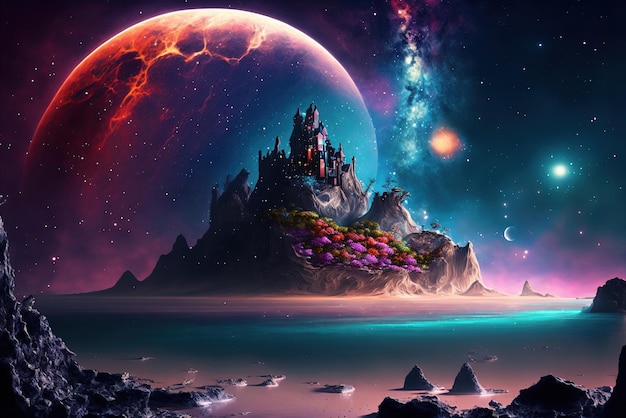 Île fantastique du monde avec galaxie colorée de la nature