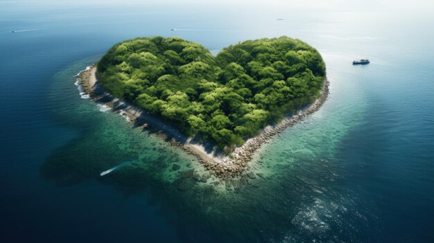 Île en forme de coeur dans une vue aérienne au téléobjectif de l'océan avec un éclairage réaliste