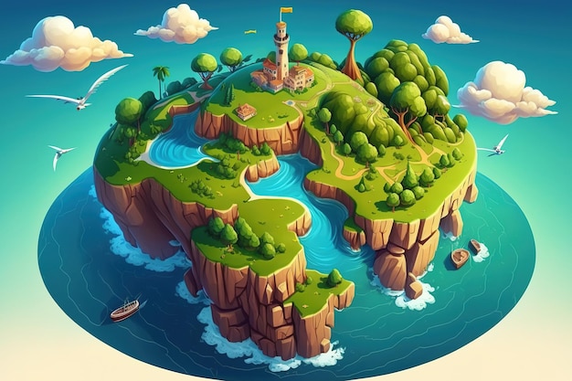 Île magique avec cascades de champs et îles flottantes