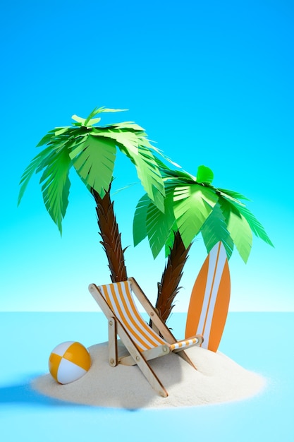 Île paradisiaque dans l'océan. Chaise longue, planche de surf et ballon sous les palmiers sur le sable.