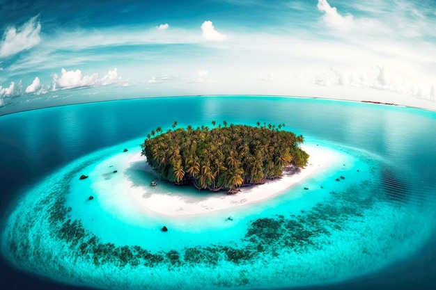 Île ronde avec plage de sable au milieu de la mer sur l'île tropicale des Maldives