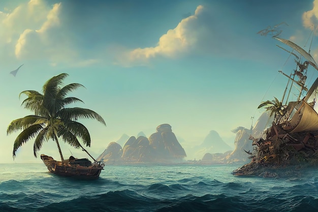 Île tropicale dans la mer avec un bateau cassé palmiers sous un ciel clair et ensoleillé illustration 3d