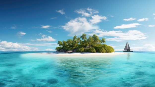 Île tropicale dans l'océan avec des palmiers et de l'eau claire Créé avec la technologie Generative AI