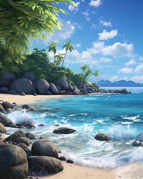 Île tropicale avec falaise rocheuse déchiquetée, plage plate, lumière du soleil, végétation et flore