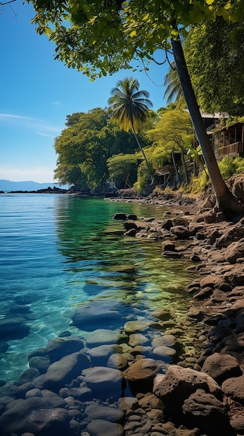 Île tropicale de Guyam avec bateaux de pêche