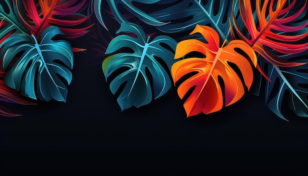 Photo leaves of tropical plants on black background in neon color spring concept