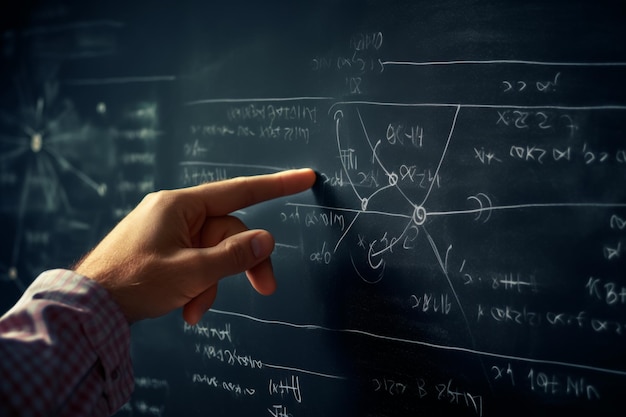 Leçon éducative à l'école classe universitaire professeur doigts de la main montre des formules dessins modernes