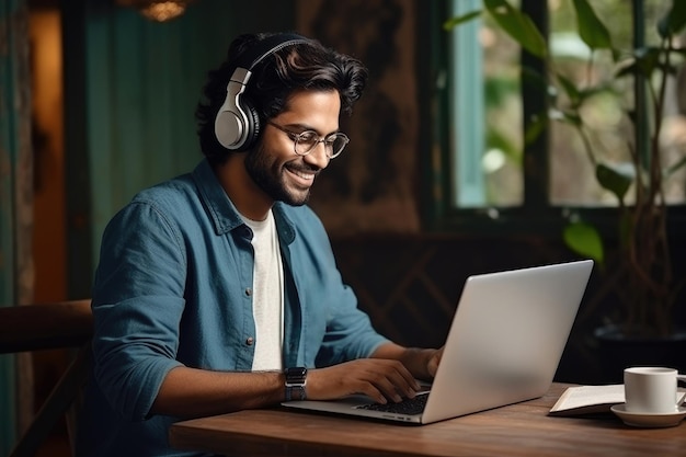 Leçon en ligne souriant jeune homme indien utilisant un ordinateur portable généré par ai