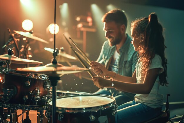 Leçons de batterie Dans un décor rythmique, un percussionniste instruit un élève sur les techniques de batterie.