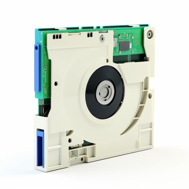 Photo un lecteur cd 3d de précision mécanique futuriste dans un boîtier en plastique blanc et bleu