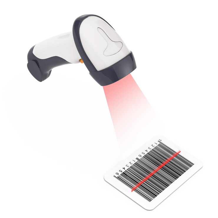 Photo lecteur de code-barres manuel sans fil qui lit un code-barres avec une lumière laser sur un fond blanc. rendu 3d