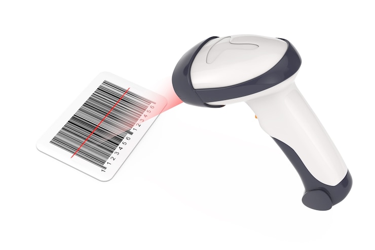 Photo lecteur de code-barres manuel sans fil qui lit un code-barres avec une lumière laser sur un fond blanc. rendu 3d