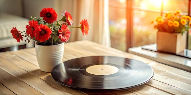 Photo un lecteur de disques est assis à côté d'un vase avec des fleurs dedans