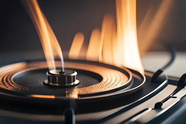 Un lecteur de disques avec une flamme qui brûle au milieu.