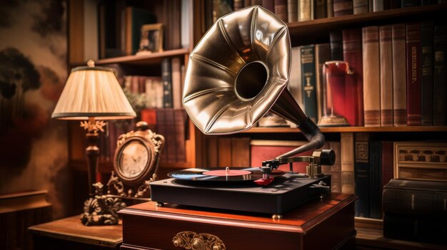 Un lecteur de disques vintage est assis sur une table à côté d'une lampe brûlante