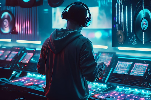 Lecteur DJ mixant de la musique électronique lors d'une soirée en boîte de nuit Créé avec la technologie Generative AI