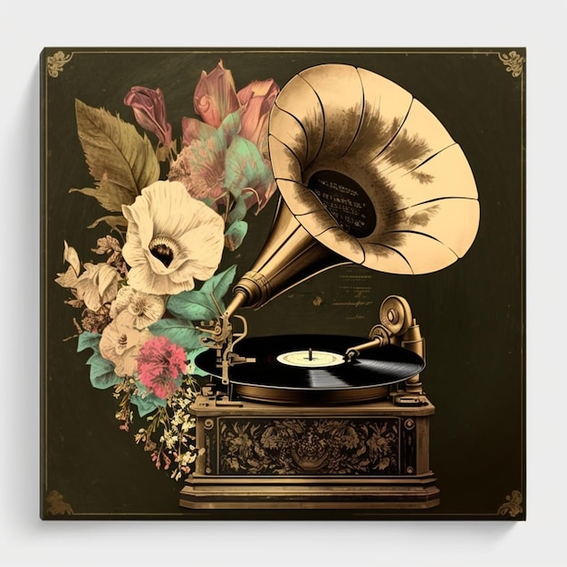 Lecteur de musique rétro vintage Gramophone orné de fleurs IA générative